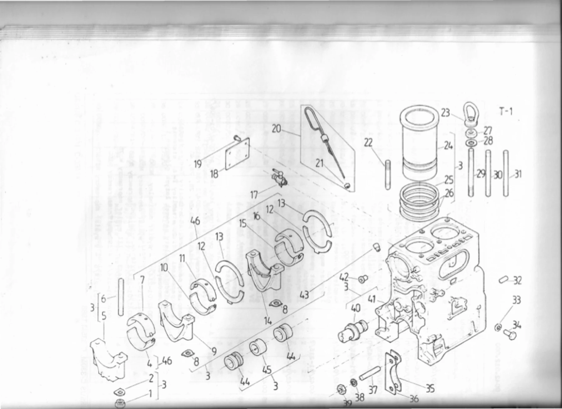 Schemat złożeniowy blok cylindrowy tuleje i panewki — Ursus C-330M / C-335M, tablica T-1