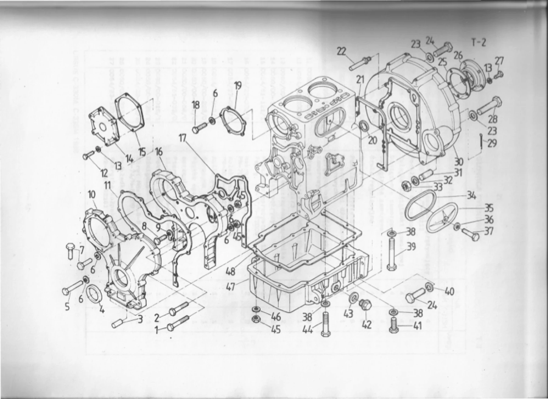Schemat złożeniowy blok cylindrowy – pokrywy i uszczelnienia — Ursus C-330M / C-335M, tablica T-2