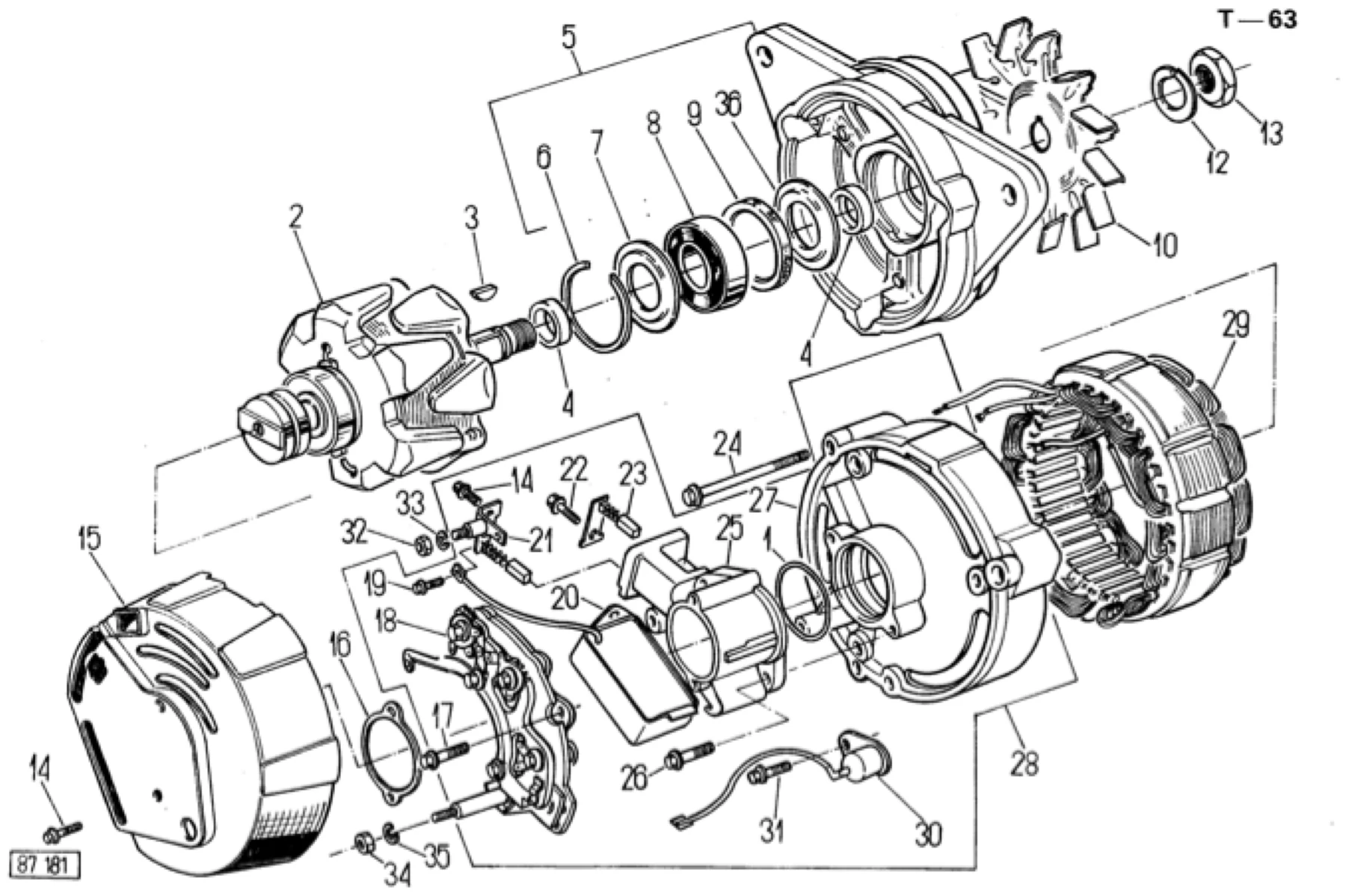 Schemat złożeniowy instalacja elektryczna – alternator a115–34a (dla ciągnika ze sprężarką wabco) — Ursus C-360-3P, tablica T-63