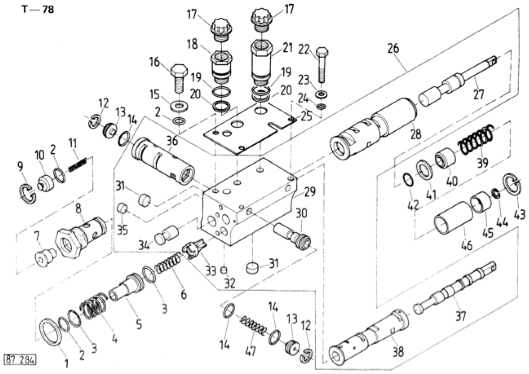 Schemat złożeniowy podnośnik hydrauliczny — rozdzielacz — Ursus C-360-3P, tablica T-78